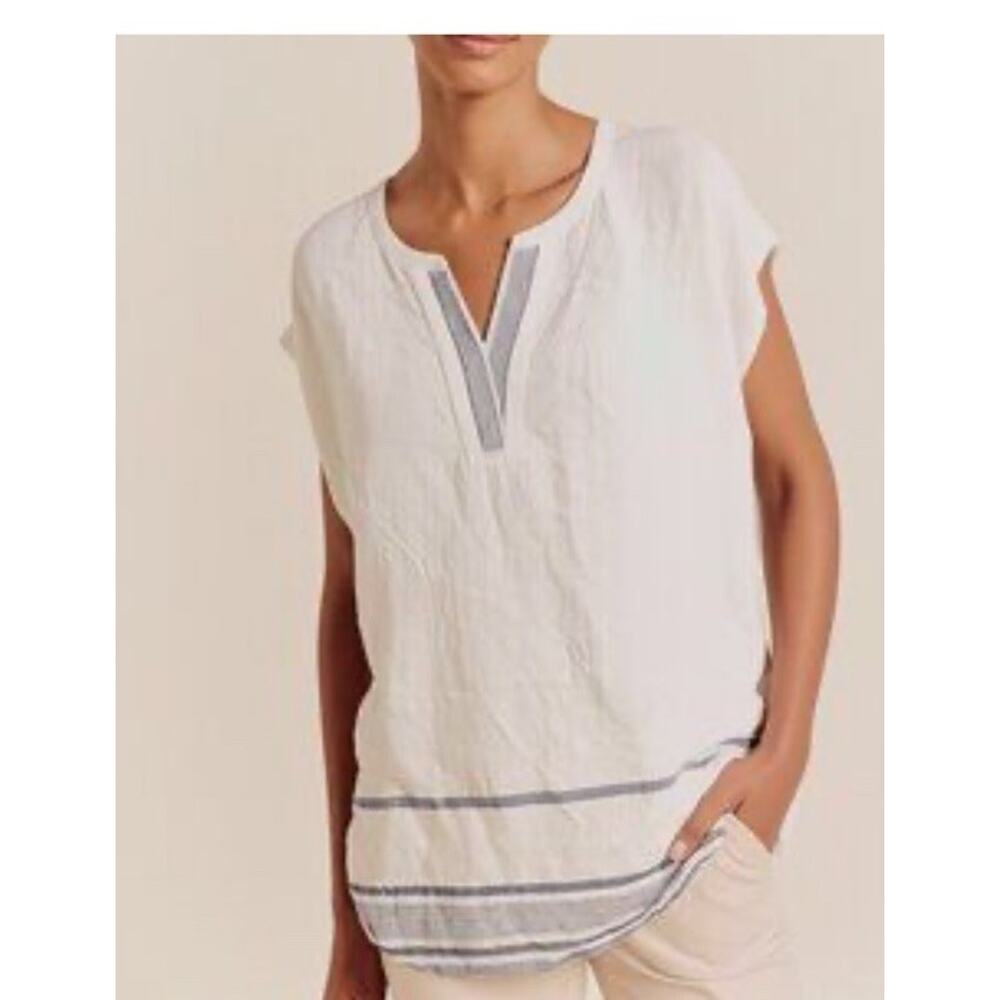 Talbots Women Linen blend Tunic Top Sleeveless White & Blue size Large Petite